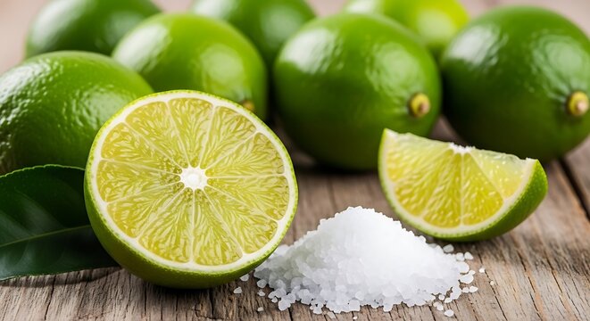 Fresh green limes with sea salt on wooden table, organic citrus fruit slices for cocktails, vibrant lime halves and whole fruits
