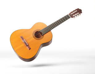 Fototapeta premium Acoustic guitar with a polished wooden body, suspended in mid-air against a clean white background