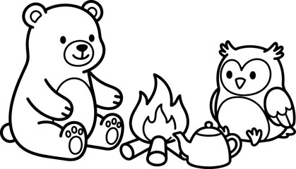 Obraz premium Black and white line art bear and owl sitting by campfire with kettle