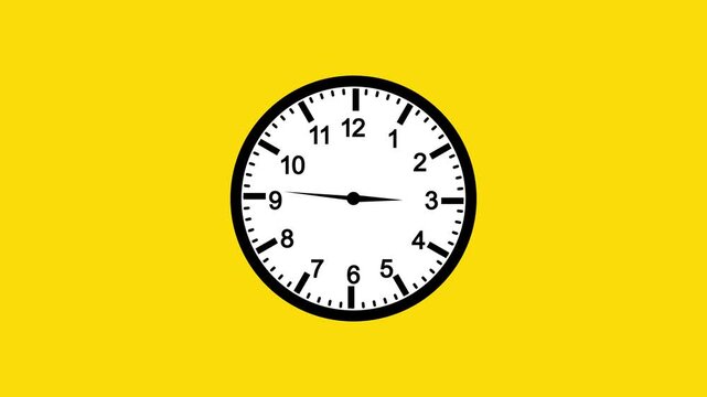 Black clock icon animation with moving arrows in a 12-hour loop on a yellow background. 4k video