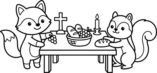 Obraz premium Cute fox and squirrel sharing bread and grapes at table with cross and candle line art