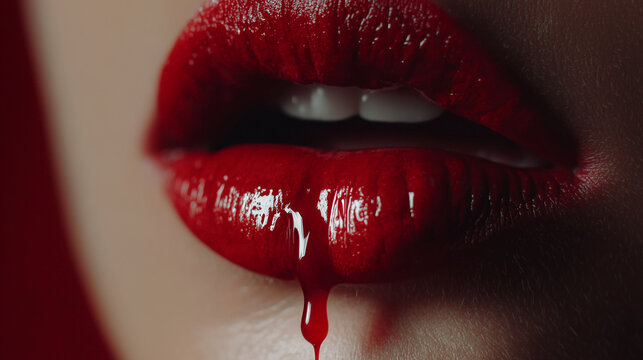 Vampire style glossy red lips with dripping blood effect, dark gothic beauty close up for halloween concept	

