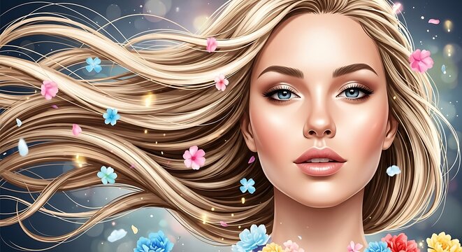 beautiful woman portrait long flowing hair floral beauty illustration female face cosmetic skincare glamour concept.