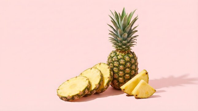 Fresh pineapple slices on pink background