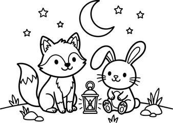 Obraz premium Black and white line art fox and rabbit sitting with lantern under crescent moon and stars