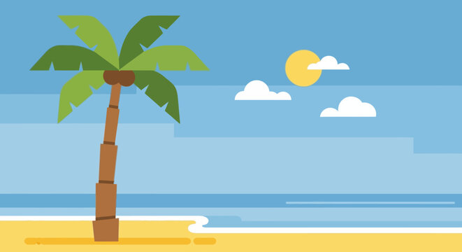 Palm tree on sandy beach shore.