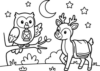 Obraz premium Black and white line art owl holding lantern on branch and smiling deer under moon and stars