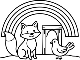 Obraz premium Black and white line art fox bird and rainbow illustration