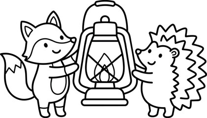 Obraz premium Cute fox and hedgehog holding lantern vector line art illustration