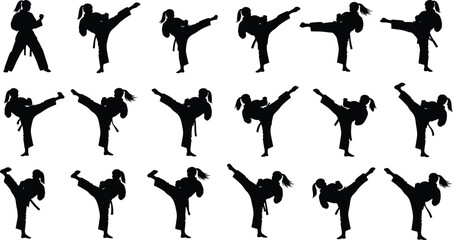 Comprehensive collection of female martial arts silhouettes featuring karate woman performing various high kicks and fighting stances for professional sports. © MdMominul