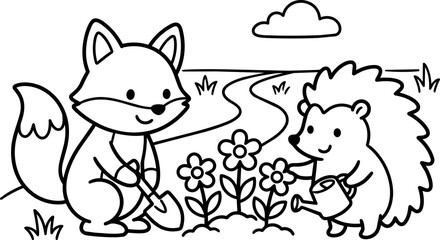 Obraz premium Black and white line art fox digging and hedgehog watering flowers in garden