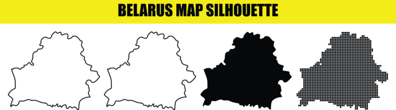 Belarus map silhouette pack including minimalist line art solid black shapes and digital halftone pointillism style vectors.