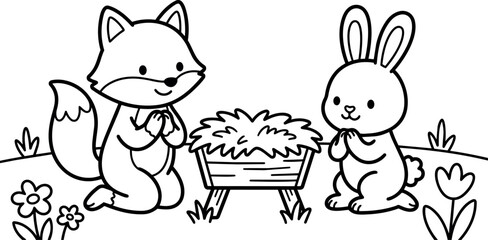 Obraz premium Black and white line art fox and rabbit praying beside manger with flowers