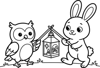 Obraz premium Black and white line art owl and rabbit holding candle lantern walking