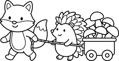 Obraz premium Cute fox pulling wagon full of mushrooms with happy hedgehog vector art