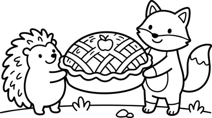 Obraz premium Cute hedgehog and fox holding apple pie line art vector illustration