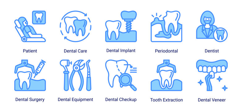 Dental Basics icon set including patient,dentist,dental procedures and essential oral healthcare elements suitable for medical and clinic design projects