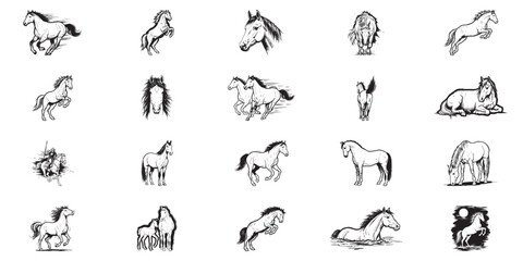 Fototapeta premium Collection of horse illustrations featuring galloping stallions and jumping mares in black and white line art style.