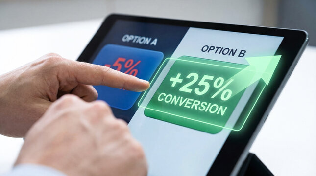 A/B Testing Comparison Interface on Tablet with Conversion Metrics