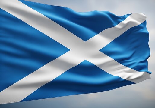 Closeup of the national flag of Scotland waving gracefully against a cloudy sky
