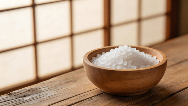 Wooden bowl with salt on wooden table