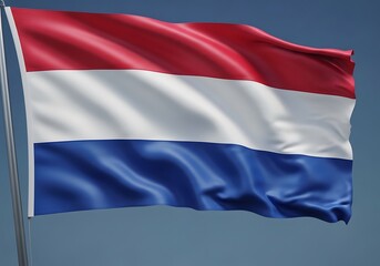 Obraz premium Waving Dutch flag in red white and blue colors against a clear blue sky background