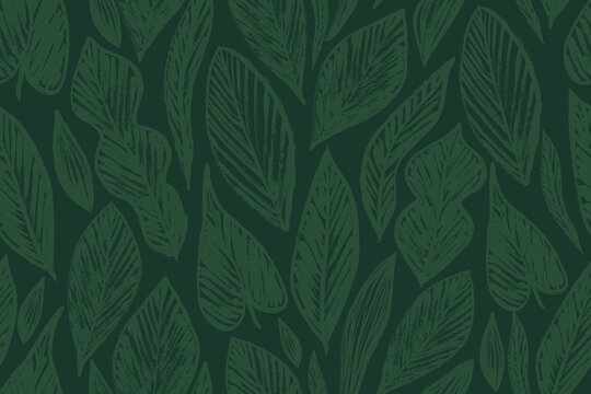Grunge brush stroke green leaves seamless pattern. Vector tropical rough freehand foliage pattern. Hand drawn grunge ink or charcoal banana leaf pattern. 