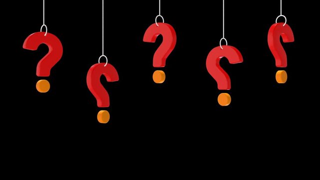 Rotating 3d question mark symbol animation on transparent background, clean alpha channel loop for faq, confusion, and problem solving visuals