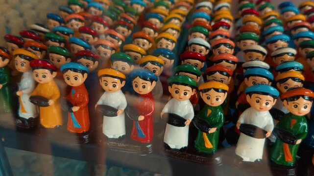 Colorful vietnamese miniature figurines wearing traditional ao dai representing cultural heritage, handcrafted souvenirs from a market stall, showcasing asian travel and authentic artisan craft