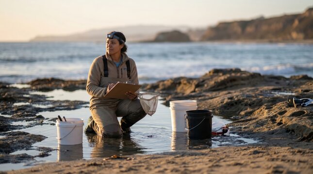 Researcher collecting samples at rocky tidal pool on coastal shoreline