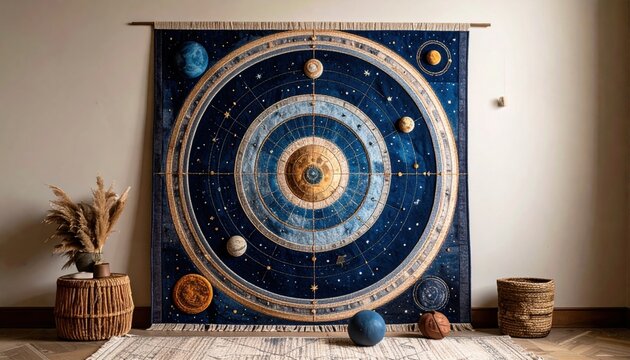Intricately Woven Celestial Solar System Tapestry Adorning a Wall