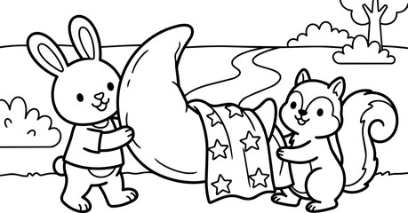 Obraz premium Black and white line art bunny and squirrel holding crescent moon with stars in park