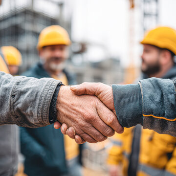 Two workers shake hands at a construction site, while others in hard hats stand in the background, symbolizing teamwork and agreement.