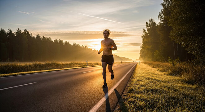 Man running on road at sunrise