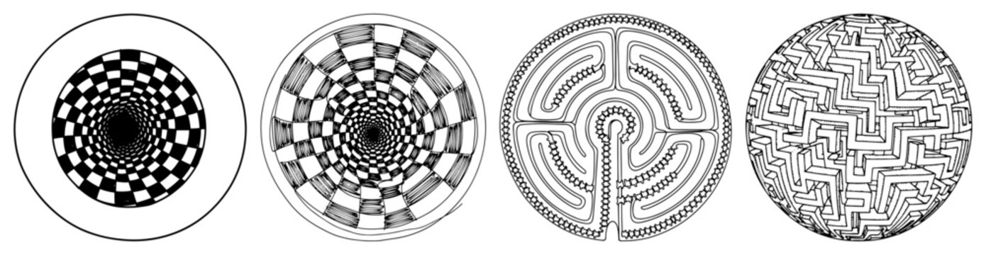 Four circular geometric symbols featuring labyrinths optical illusions and maze patterns in line art style