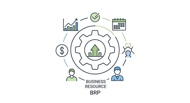 Business resource planning infographic with central gear and surrounding