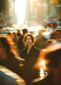 Asian businesswoman standing still in a blurred fast moving crowd on a busy city street during golden hour.