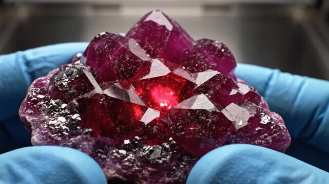 Close-up of a vibrant red gemstone held by gloved hands, showcasing brilliant facets and natural crystal formation