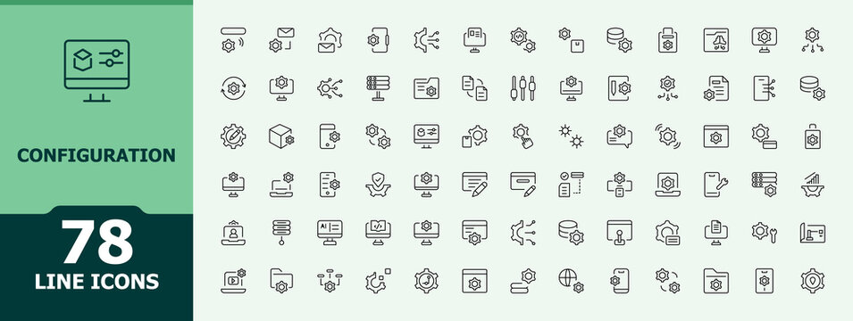 Configuration linear icon set. Modern linear icons. Related to cog, customization, engine, service, repair, wheel. Editable stroke. Vector collection. Cog icon set.