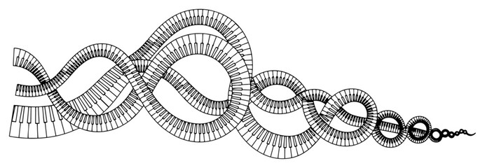 Wavy abstract paths made of piano keys in surreal line art style © Kumamoto