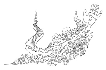 Winding staircase leading to human hand palm with flowing patterns line art © Kumamoto
