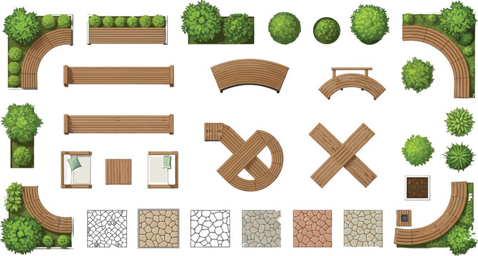 A comprehensive top-down vector illustration set featuring various park and garden elements, including modular benches, diverse plants, and paving textures for landscape architecture plans.