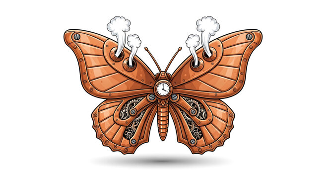 A steampunk butterfly vector illustration with clock and smoke elements on a white background