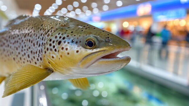 Close-up of fresh brown trout in market display with bokeh background