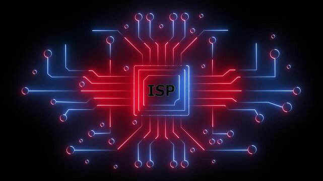 Futuristic ISP Icon Animation with Glowing Blue and Red Neon Circuitry Board Lines for Internet Service Provider and Digital Data Processing Concepts