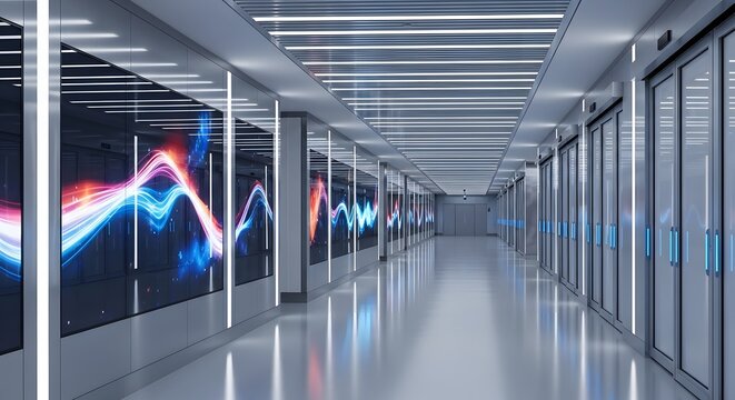 Futuristic server room corridor with digital light wave effects on glass panels