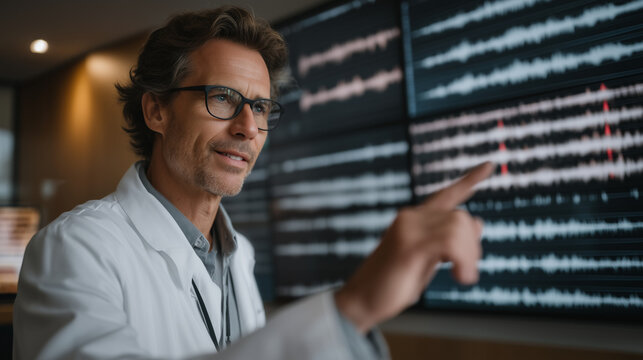 Technician in a lab coat reviewing audio spectrograms on a wall of monitors, red flags appearing over synthetic voice segments, highlighting AI voice cloning ethics concerns, ideal for forensic audi