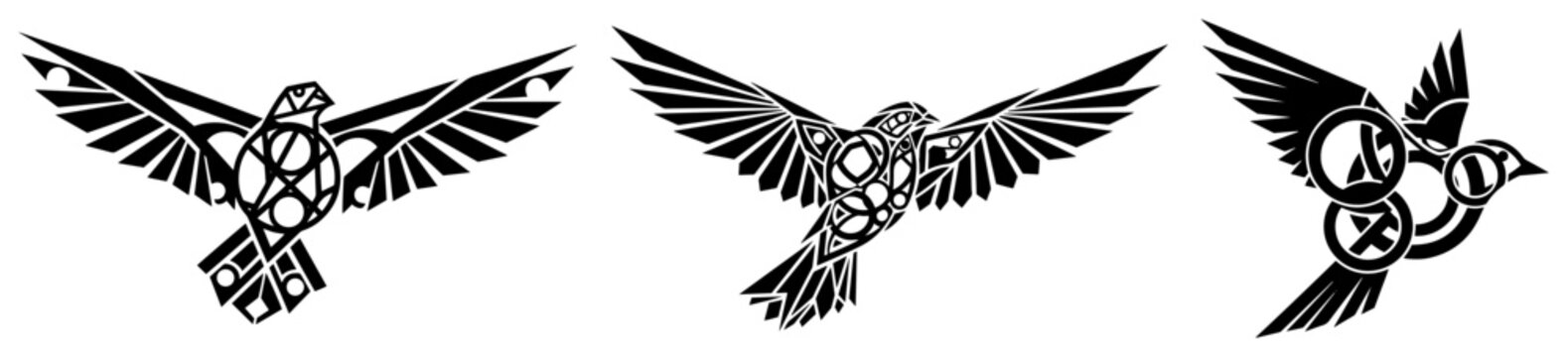 Flying birds constructed from intricate geometric and mechanical patterns in monochrome silhouette style