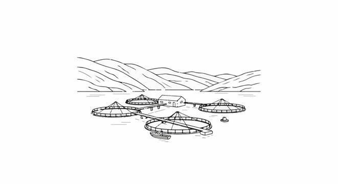 Aquaculture farm with circular cages and a central building on water