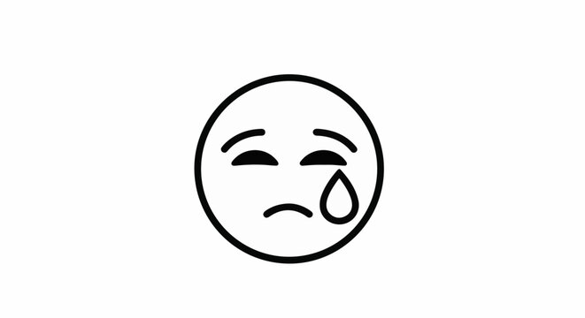 A simple black and white line drawing of a sad emoji with a tear
